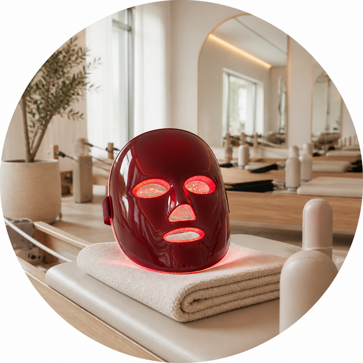 Red Halio LED mask in a pilates studio